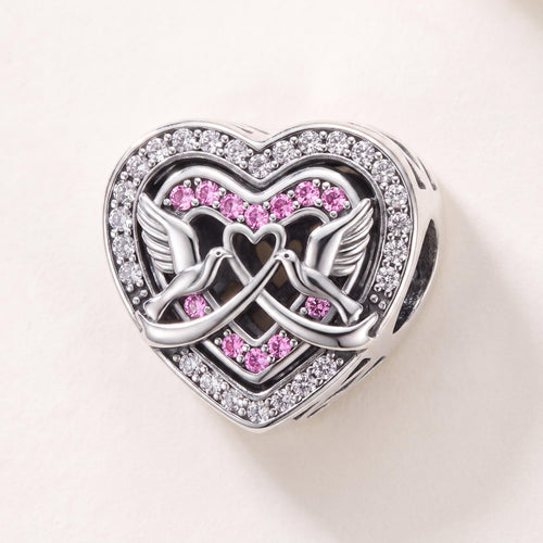 Love Doves Heart Bead in 925 sterling silver with sparkling stones, fits European-style charm bracelets