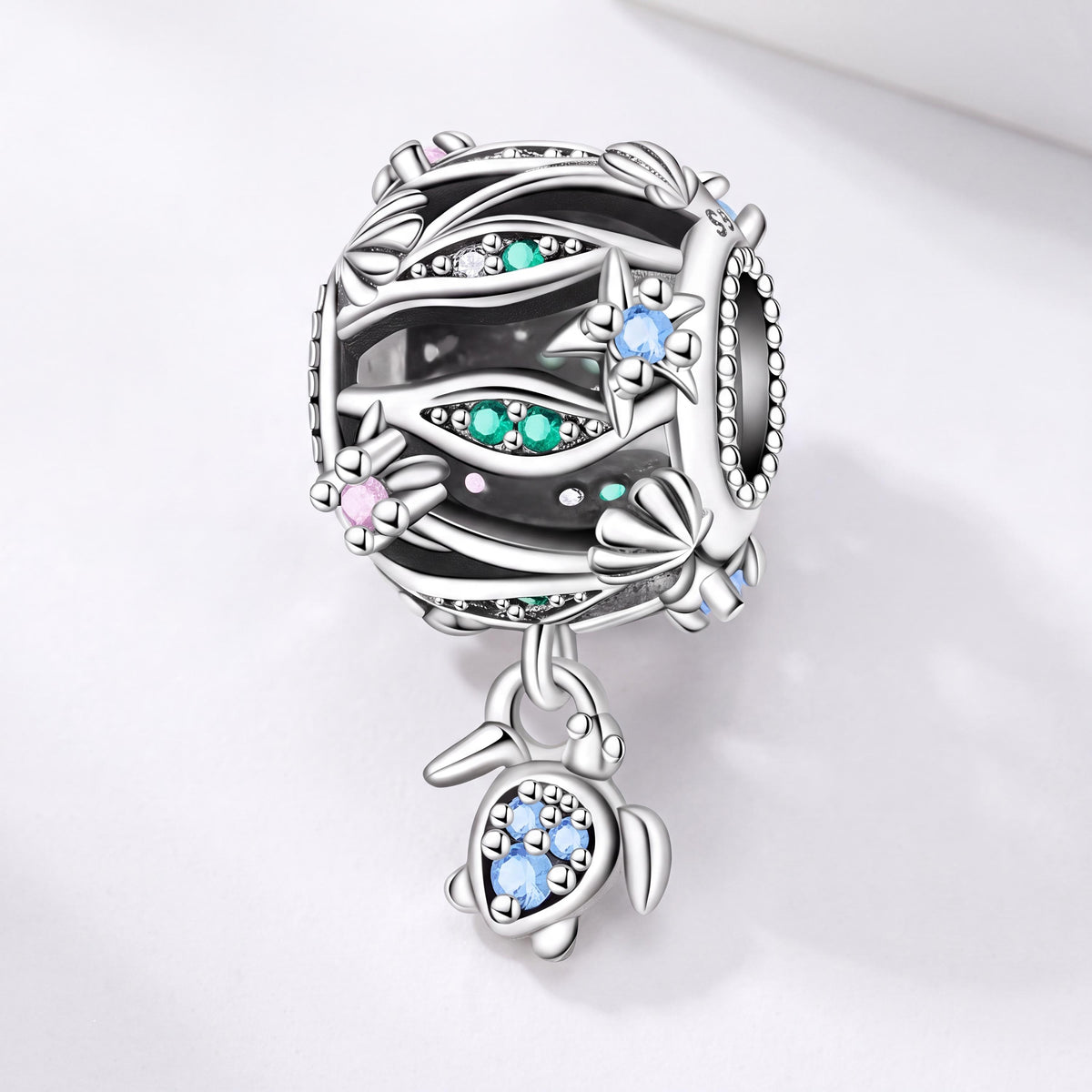 Ocean Wave Sea Turtle Dangle in 925 sterling silver with sparkling stones, fits European-style charm bracelets