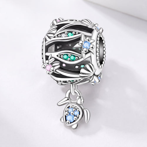 Ocean Wave Sea Turtle Dangle in 925 sterling silver with sparkling stones, fits European-style charm bracelets