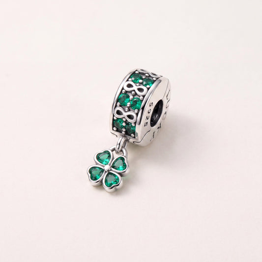 Lucky Four Leaf Clover Dangle in 925 sterling silver with sparkling stones, fits European-style charm bracelets