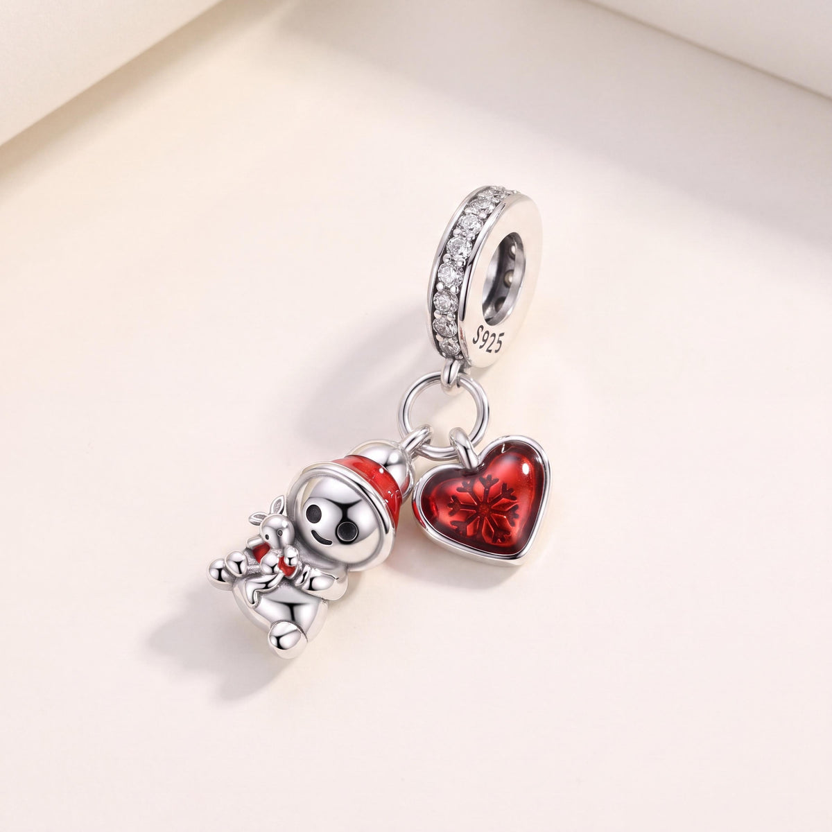 Snowman Heart Dangle in 925 sterling silver with red and black enamel and sparkling stones