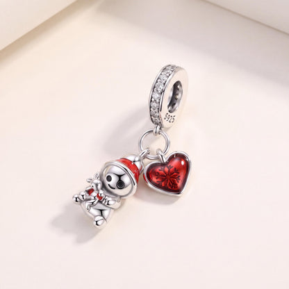 Snowman Heart Dangle in 925 sterling silver with red and black enamel and sparkling stones