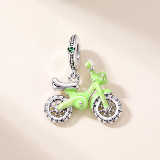 Green Bicycle Charm in 925 sterling silver with green enamel and sparkling stones, fits European-style charm bracelets