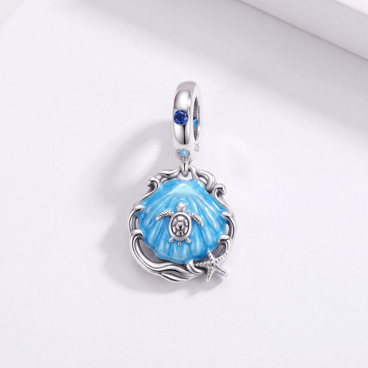 Sea Turtle Shell Dangle in 925 sterling silver with blue enamel and sparkling stones, fits European-style charm bracelets