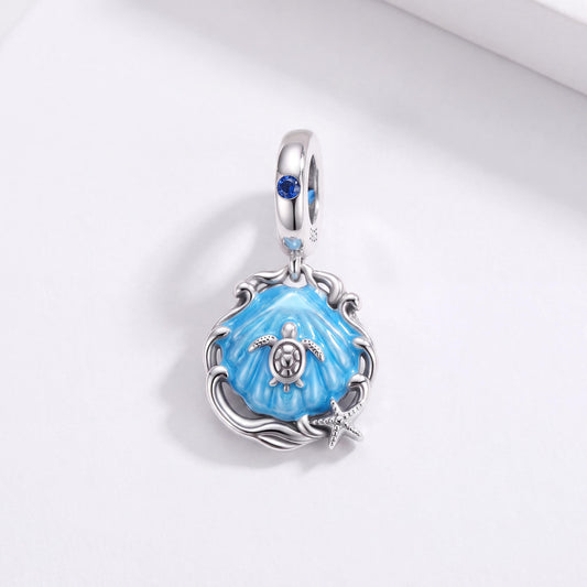 Sea Turtle Shell Dangle in 925 sterling silver with blue enamel and sparkling stones, fits European-style charm bracelets