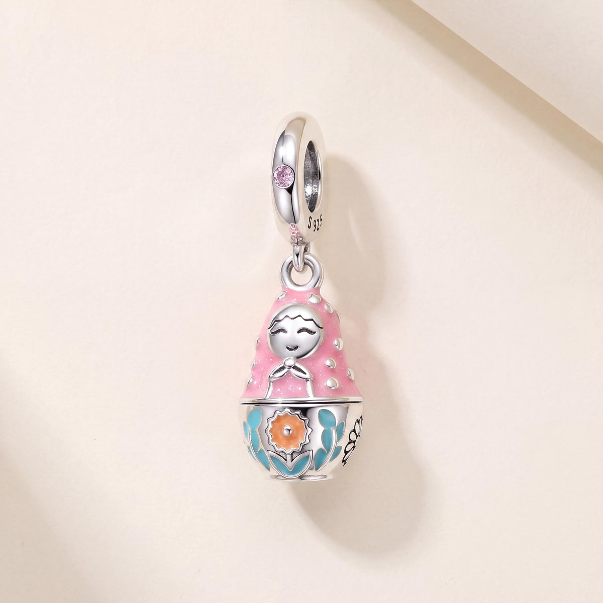 Nesting Doll Charm in 925 sterling silver with pink and blue enamel and sparkling stones, fits European-style charm bracelets