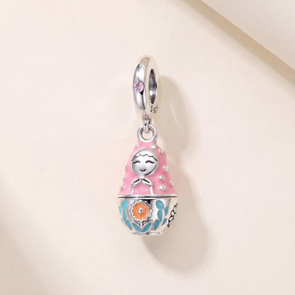 Nesting Doll Charm in 925 sterling silver with pink and blue enamel and sparkling stones, fits European-style charm bracelets