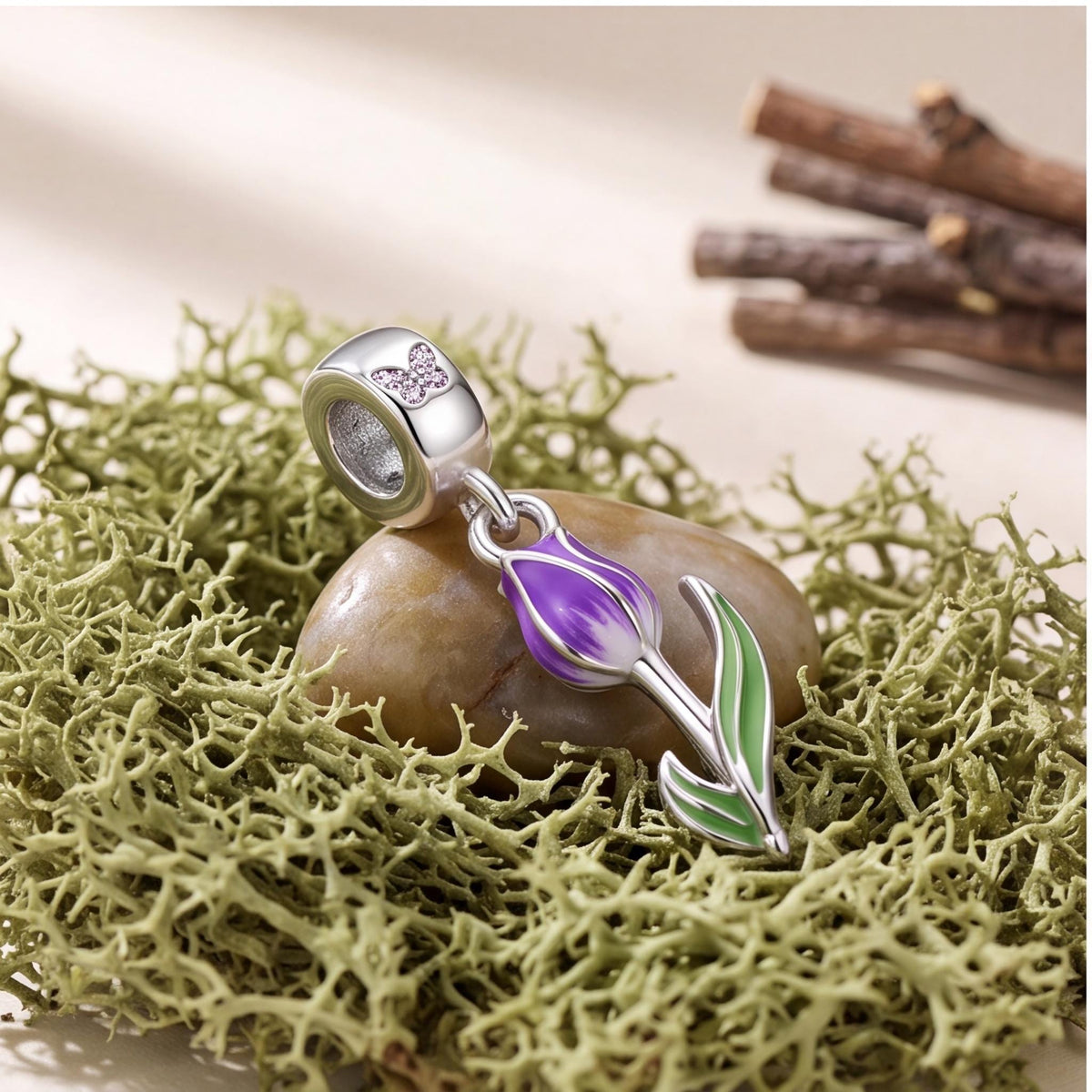 Purple Tulip Dangle on a silver charm bracelet