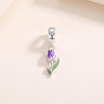 Purple Tulip Dangle in 925 sterling silver with purple and green enamel and sparkling stones