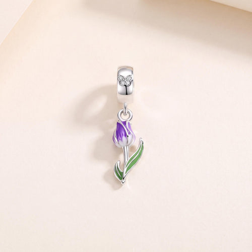 Purple Tulip Dangle in 925 sterling silver with purple and green enamel and sparkling stones