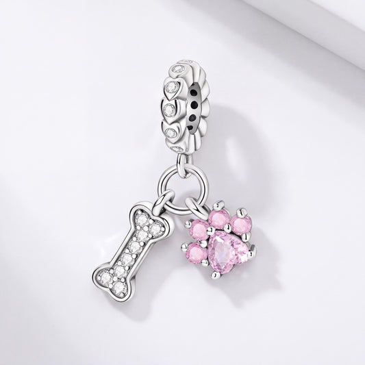 Paw Print Bone Dangle in 925 sterling silver with sparkling stones, fits European-style charm bracelets