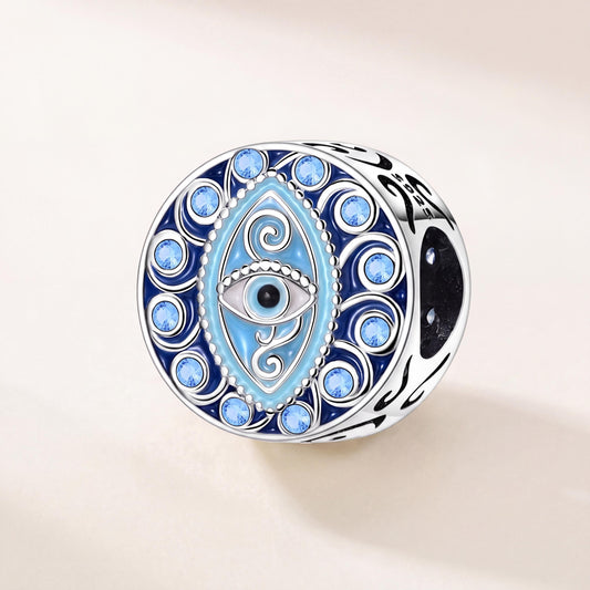 Blue Evil Eye Charm in 925 sterling silver with blue enamel and sparkling stones, fits European-style charm bracelets