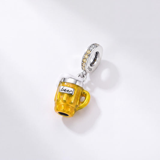 Beer Mug Dangle Charm in 925 sterling silver with yellow and white enamel and sparkling stones