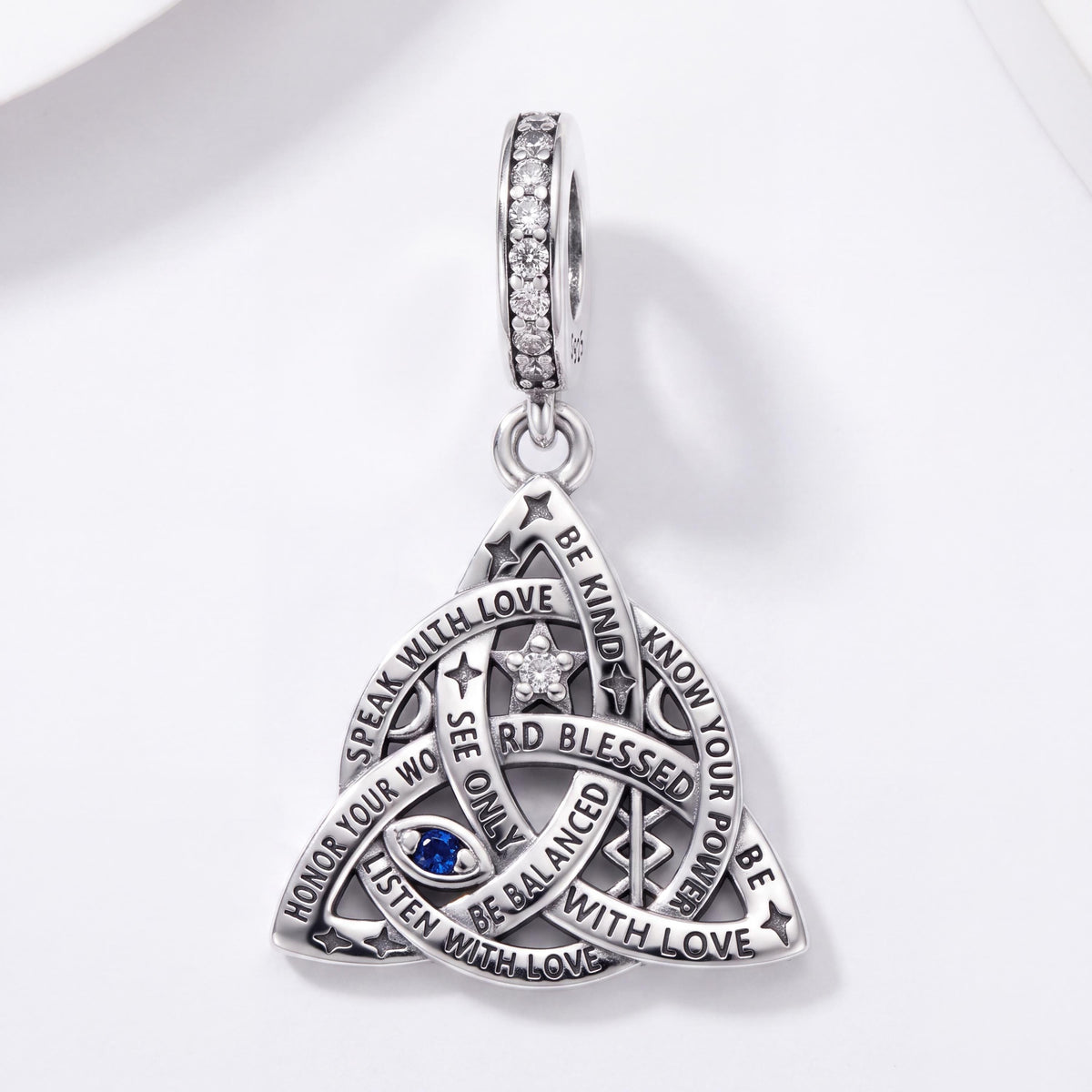 Trinity Knot Charm in 925 sterling silver with sparkling stones, fits European-style charm bracelets
