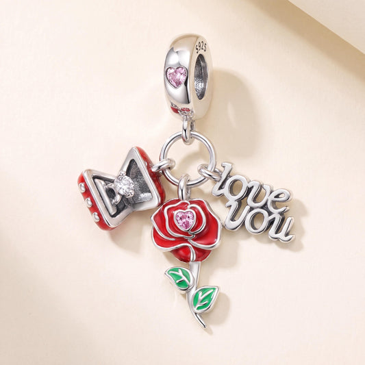 Rose Love You Dangle Charm in 925 sterling silver with red and green enamel and sparkling stones