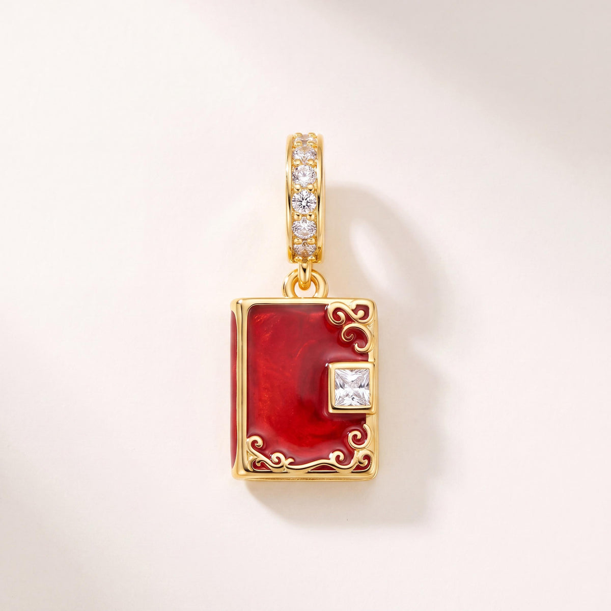 Red Book Dangle Charm in 925 sterling silver with red and gold enamel and sparkling stones