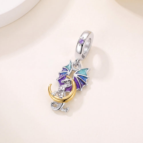 Dragon Moon Charm in 925 sterling silver with gold and purple enamel and sparkling stones