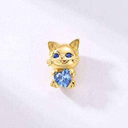 Cat Holding Heart Charm in 925 sterling silver with sparkling stones, fits European-style charm bracelets