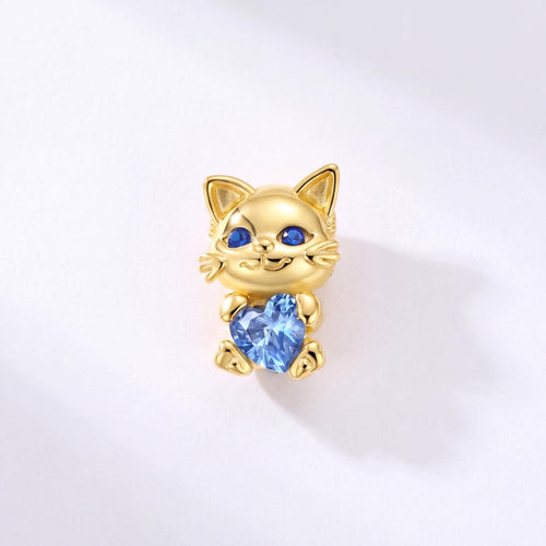 Cat Holding Heart Charm in 925 sterling silver with sparkling stones, fits European-style charm bracelets