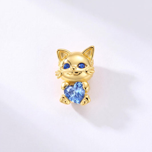Cat Holding Heart Charm in 925 sterling silver with sparkling stones, fits European-style charm bracelets