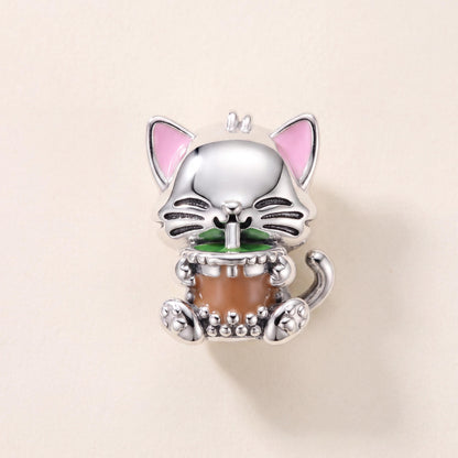 Cat Bubble Tea Charm in 925 sterling silver with enamel, fits European-style charm bracelets