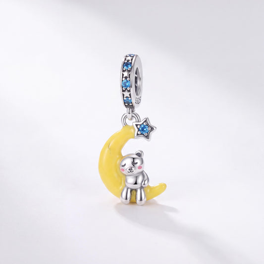 Sleeping Bear Moon Dangle in 925 sterling silver with yellow and blue enamel and sparkling stones
