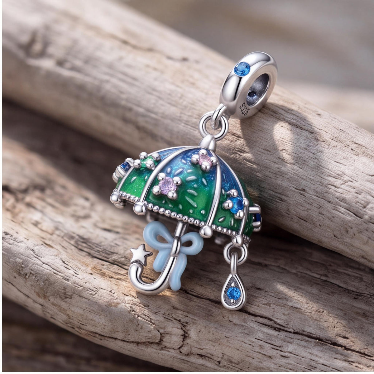 Raindrop Umbrella Charm on a silver charm bracelet