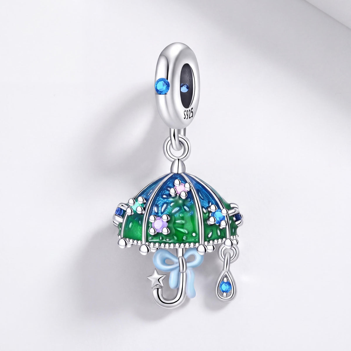 Raindrop Umbrella Charm in 925 sterling silver with enamel and sparkling stones, fits European-style charm bracelets