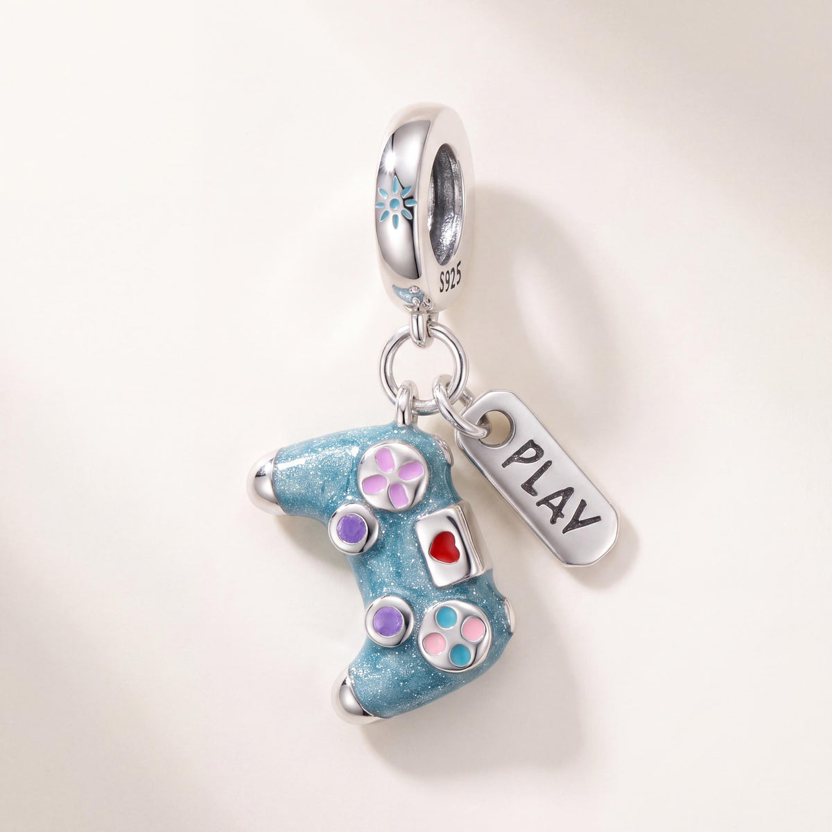 Gaming Controller Dangle Charm in 925 sterling silver with enamel and sparkling stones, fits European-style charm bracelets