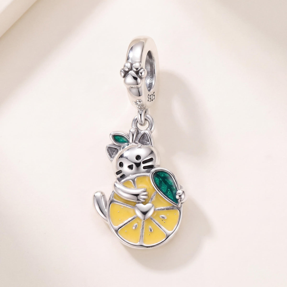 Cat Lemon Dangle Charm in 925 sterling silver with yellow and green enamel, fits European-style charm bracelets