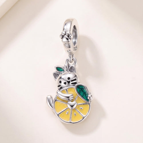 Cat Lemon Dangle Charm in 925 sterling silver with yellow and green enamel, fits European-style charm bracelets