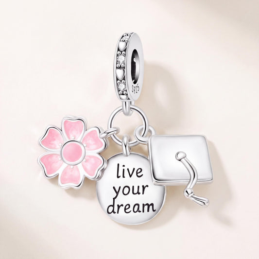 Graduation Flower Charm in 925 sterling silver with pink and white enamel and sparkling stones