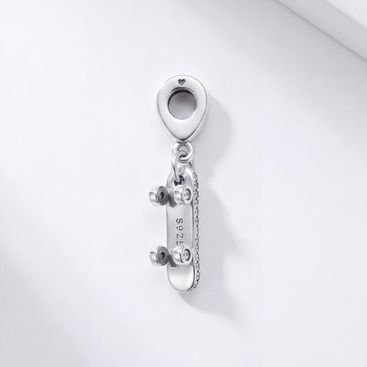 Skateboard Dangle Charm in 925 sterling silver with sparkling stones, fits European-style charm bracelets