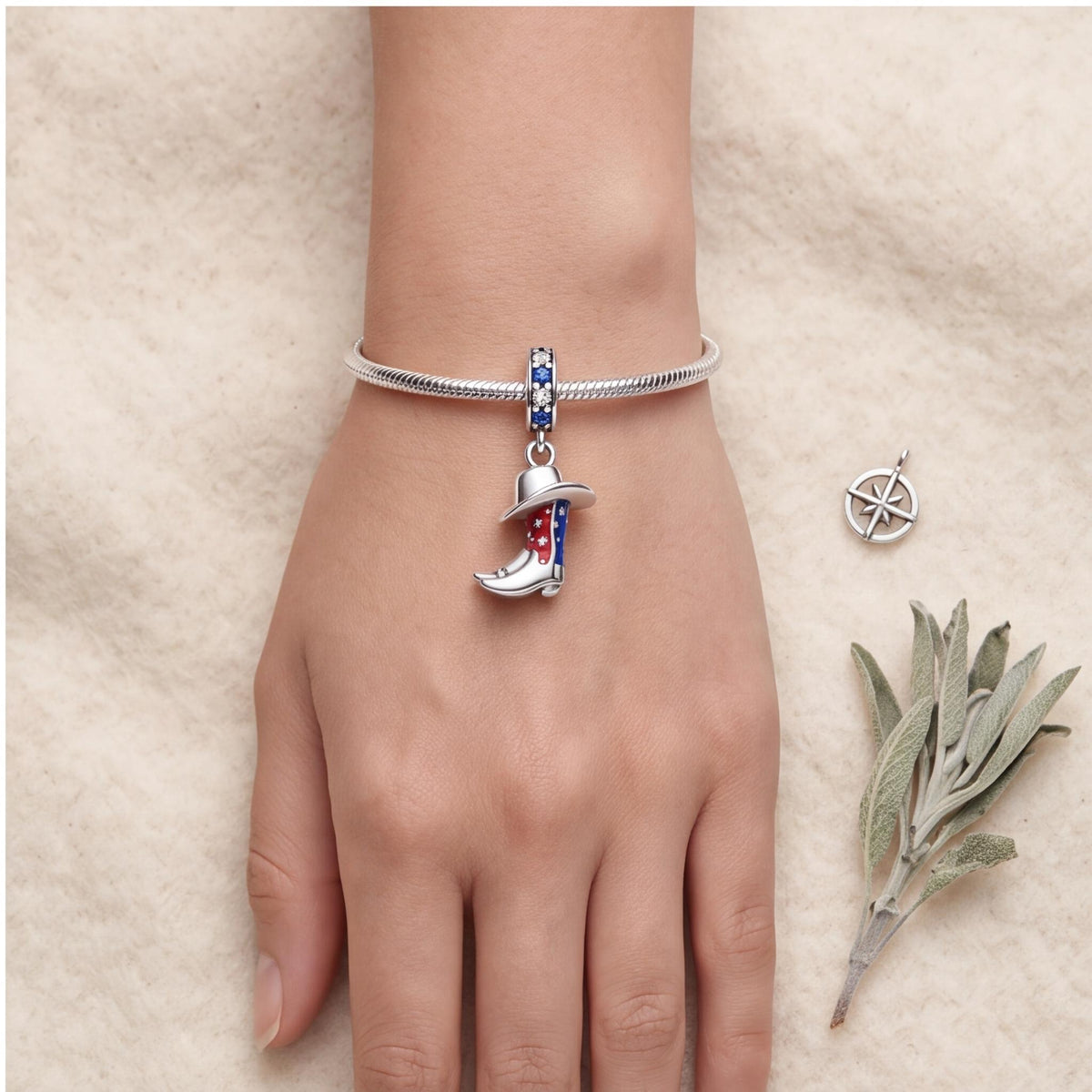 Cowboy Boot Hat Dangle worn on a charm bracelet