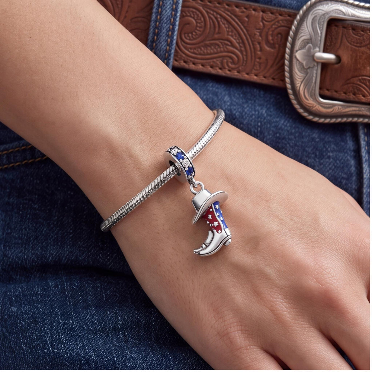 Cowboy Boot Hat Dangle close-up on a bracelet