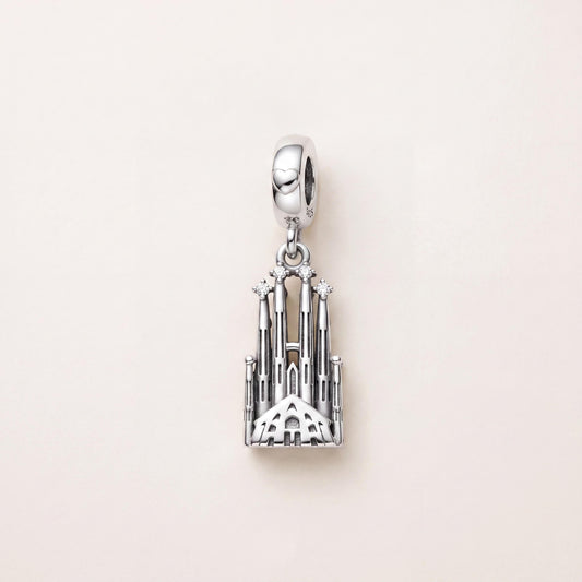 Sagrada Familia Heart Dangle No. 2 in 925 sterling silver with sparkling stones, fits European-style charm bracelets