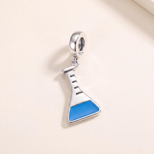 Chemistry Flask Dangle Charm in 925 sterling silver with blue enamel, fits European-style charm bracelets