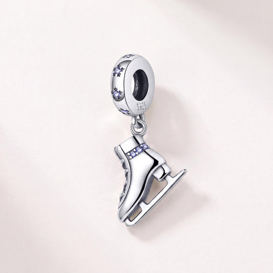 Ice Skate Dangle Charm in 925 sterling silver with sparkling stones, fits European-style charm bracelets