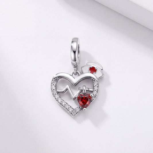 Nurse Heart Charm in 925 sterling silver with red and white enamel and sparkling stones, fits European-style charm bracelets