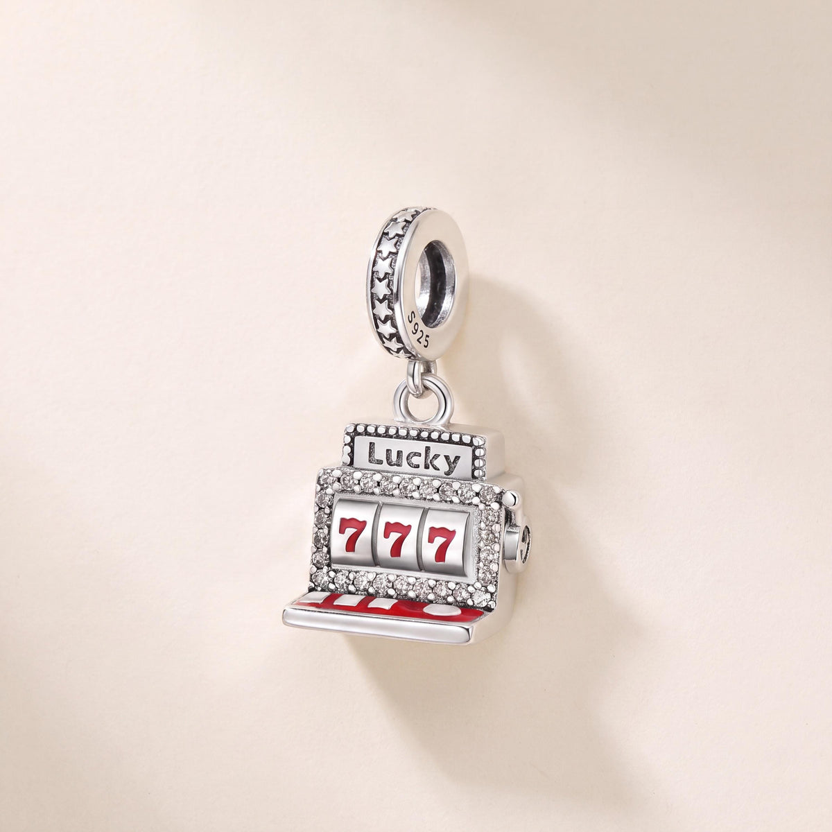 Slot Machine Dangle in 925 sterling silver with red enamel and sparkling stones, fits European-style charm bracelets