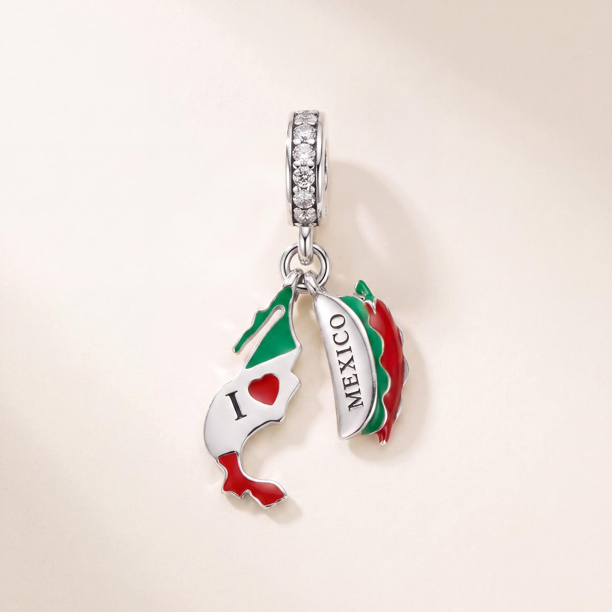 Mexico Dangle Charm in 925 sterling silver with red and green enamel and sparkling stones