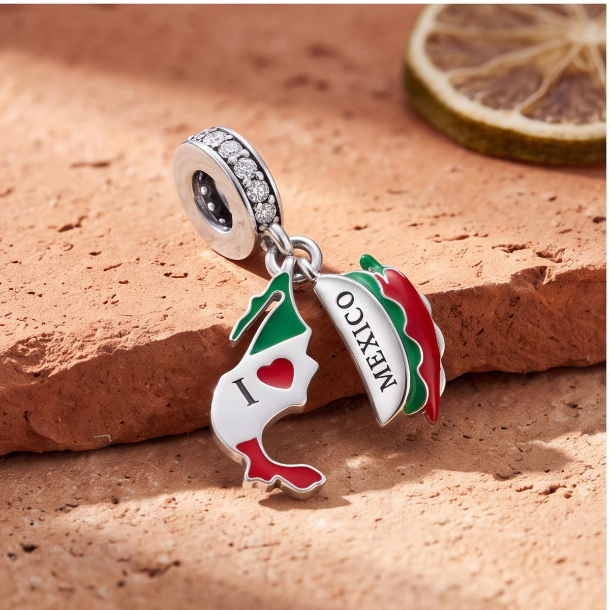 Mexico Dangle Charm on a silver charm bracelet