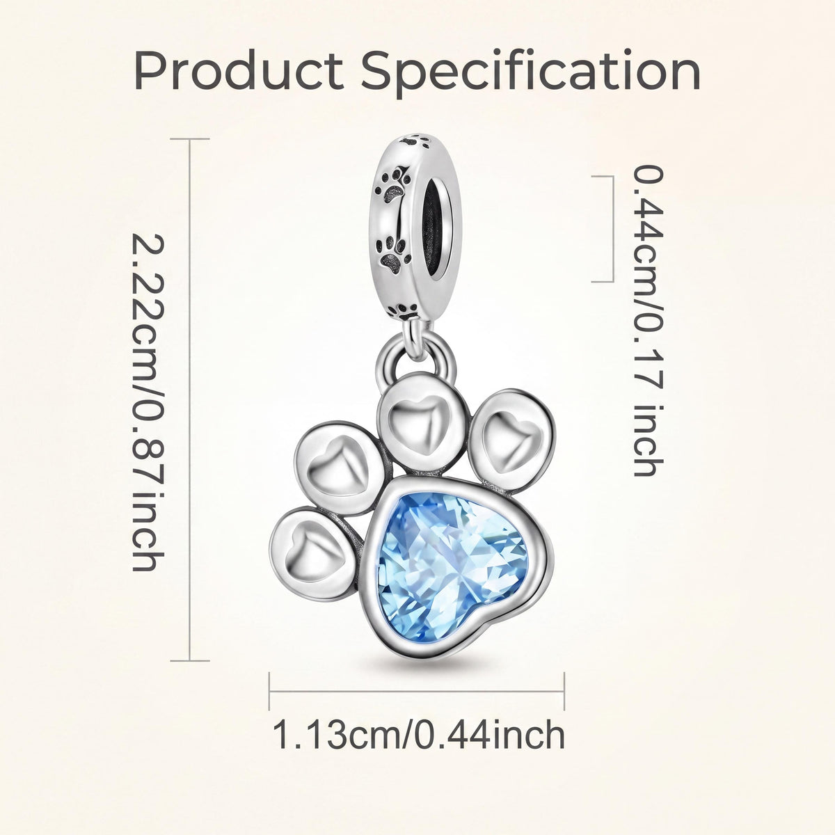 Paw Print Dangle Charm size and details