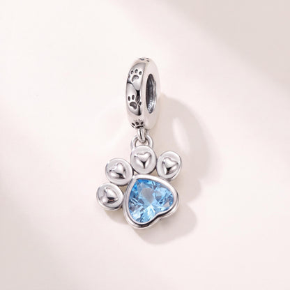 Paw Print Dangle Charm in 925 sterling silver with sparkling stones, fits European-style charm bracelets