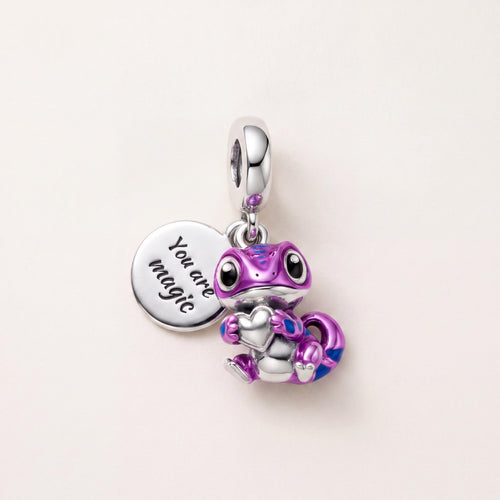 Magic Gecko Charm in 925 sterling silver with purple and blue enamel, fits European-style charm bracelets