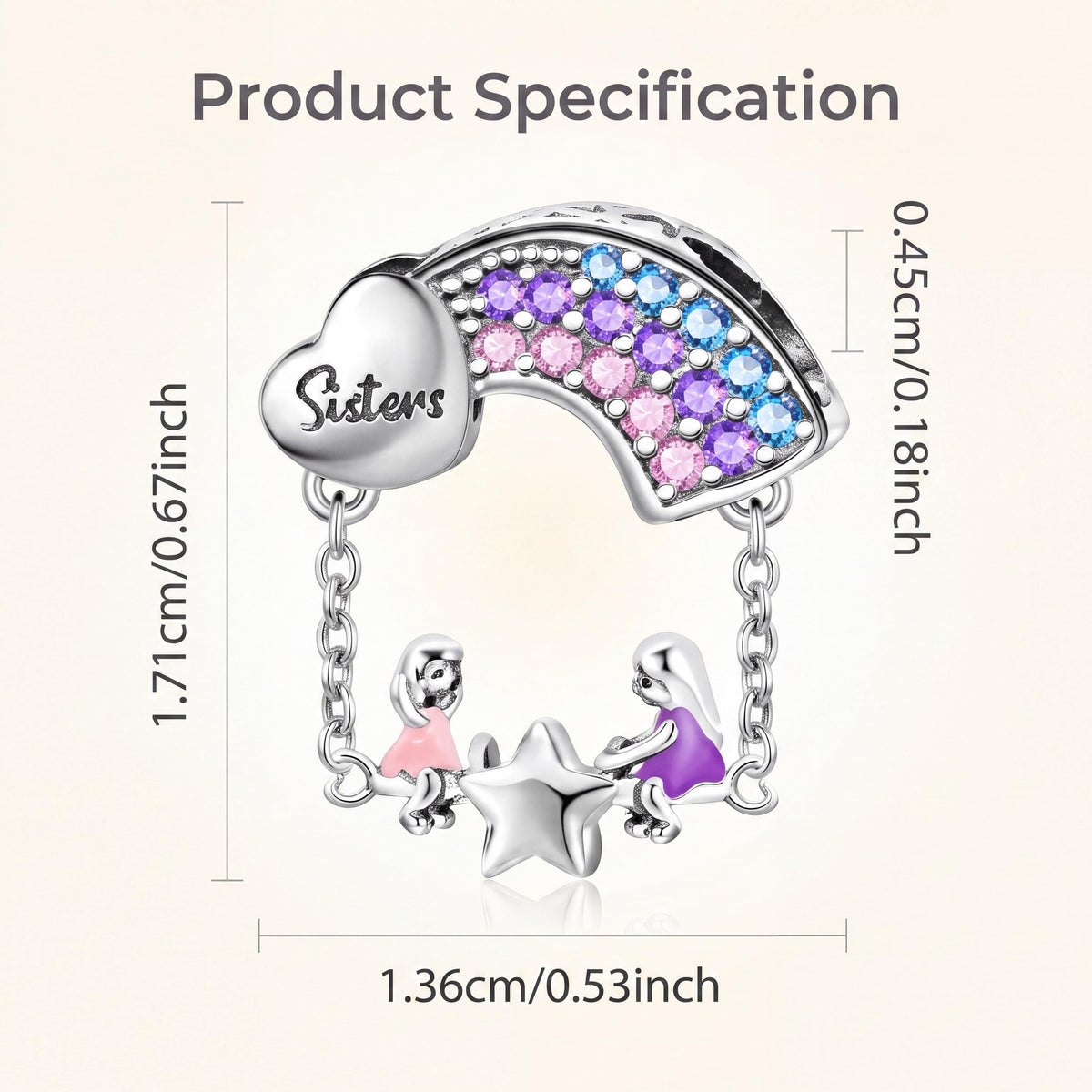 Sisters Rainbow Charm size and details