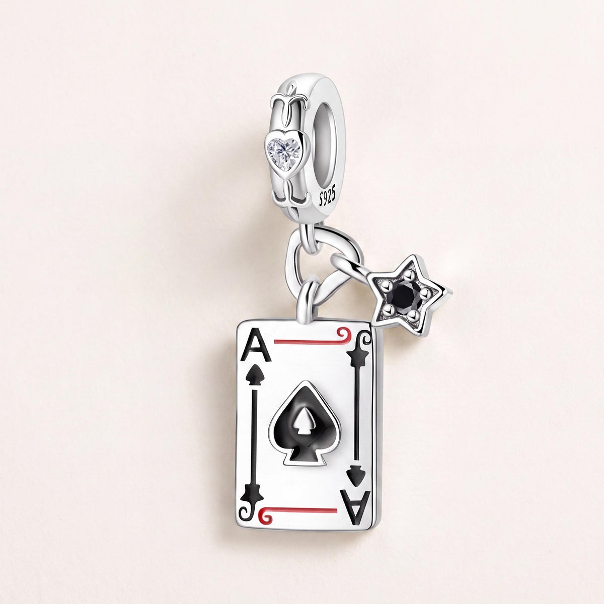Ace of Spades Charm in 925 sterling silver with black and white enamel and sparkling stones