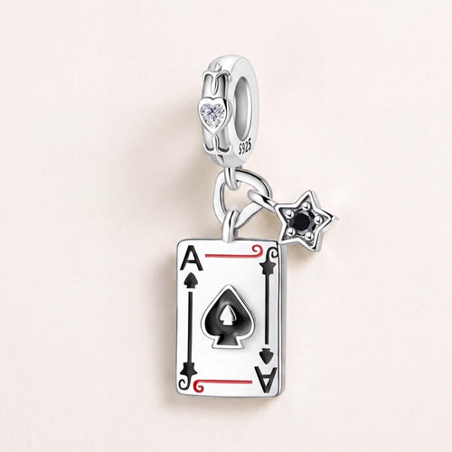 Ace of Spades Charm in 925 sterling silver with black and white enamel and sparkling stones