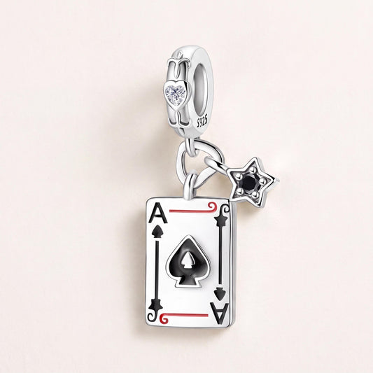 Ace of Spades Charm in 925 sterling silver with black and white enamel and sparkling stones