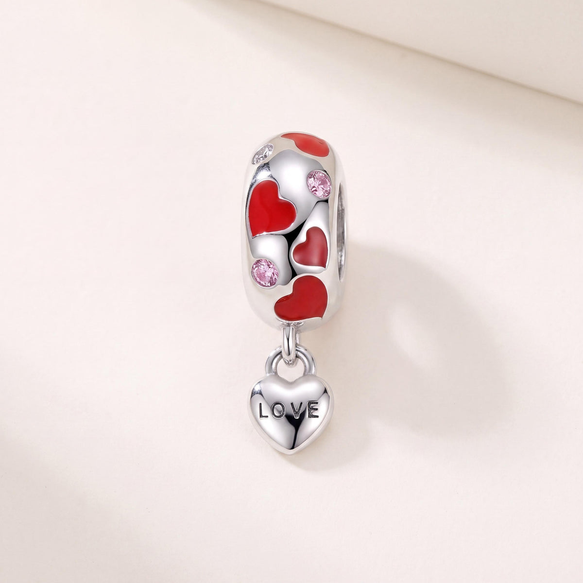 Red Enamel Love Heart Charm in 925 sterling silver with red and pink enamel and sparkling stones